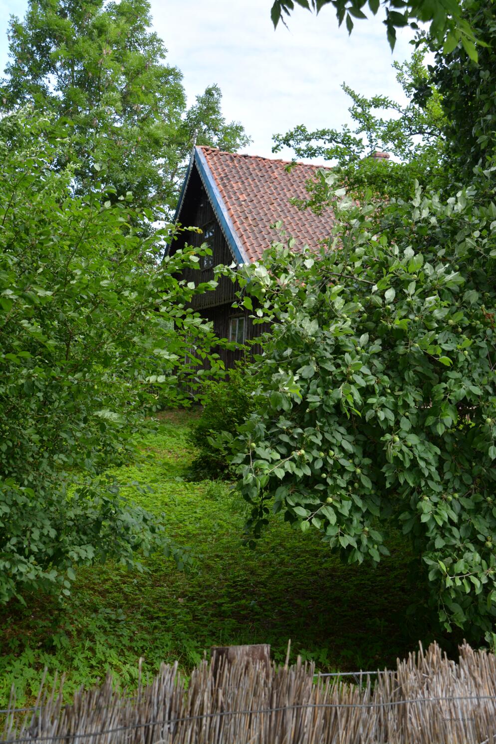 Traditionelles Holzhaus im Obstgarten